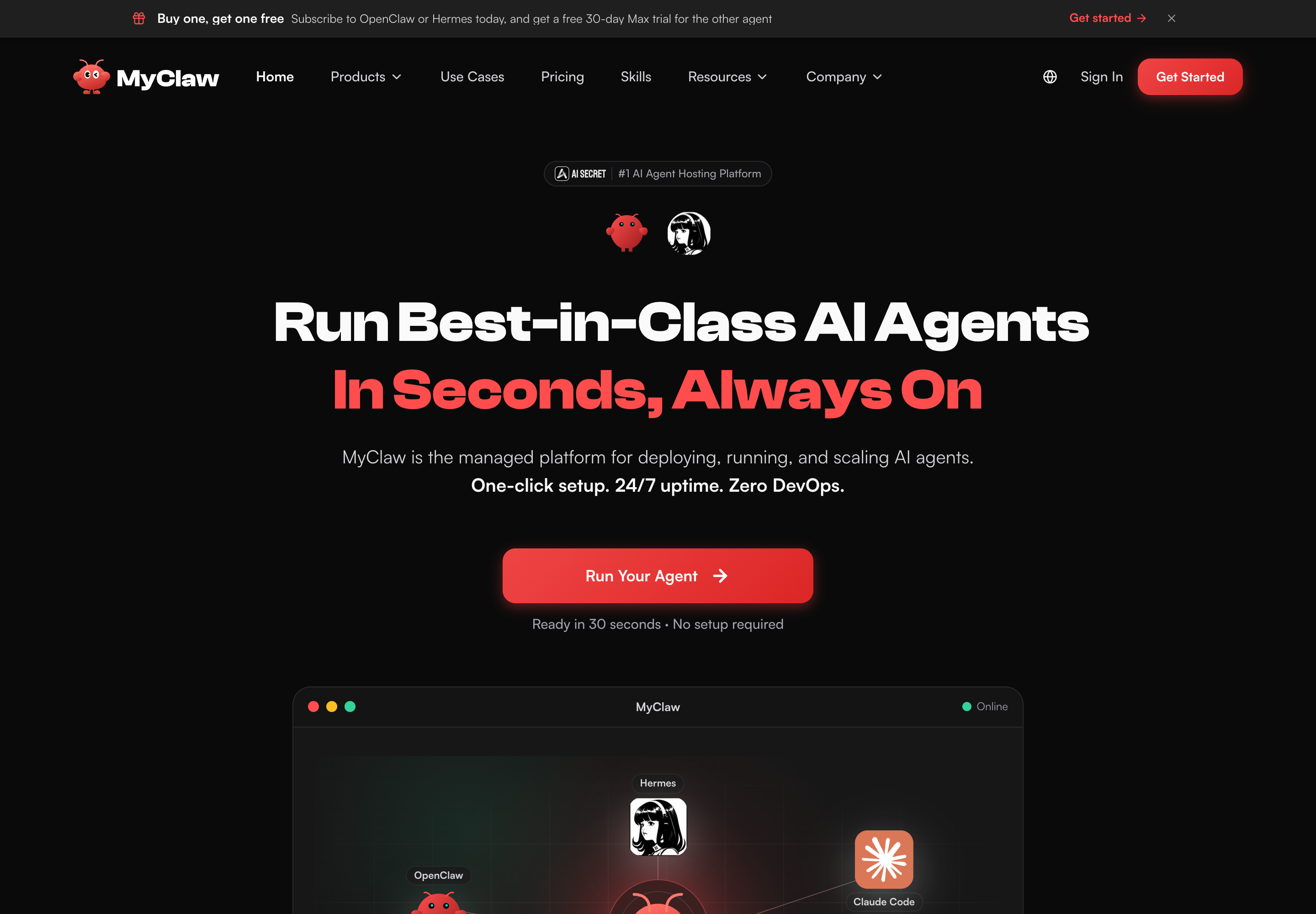 MyClaw homepage with logo, navigation, and hero