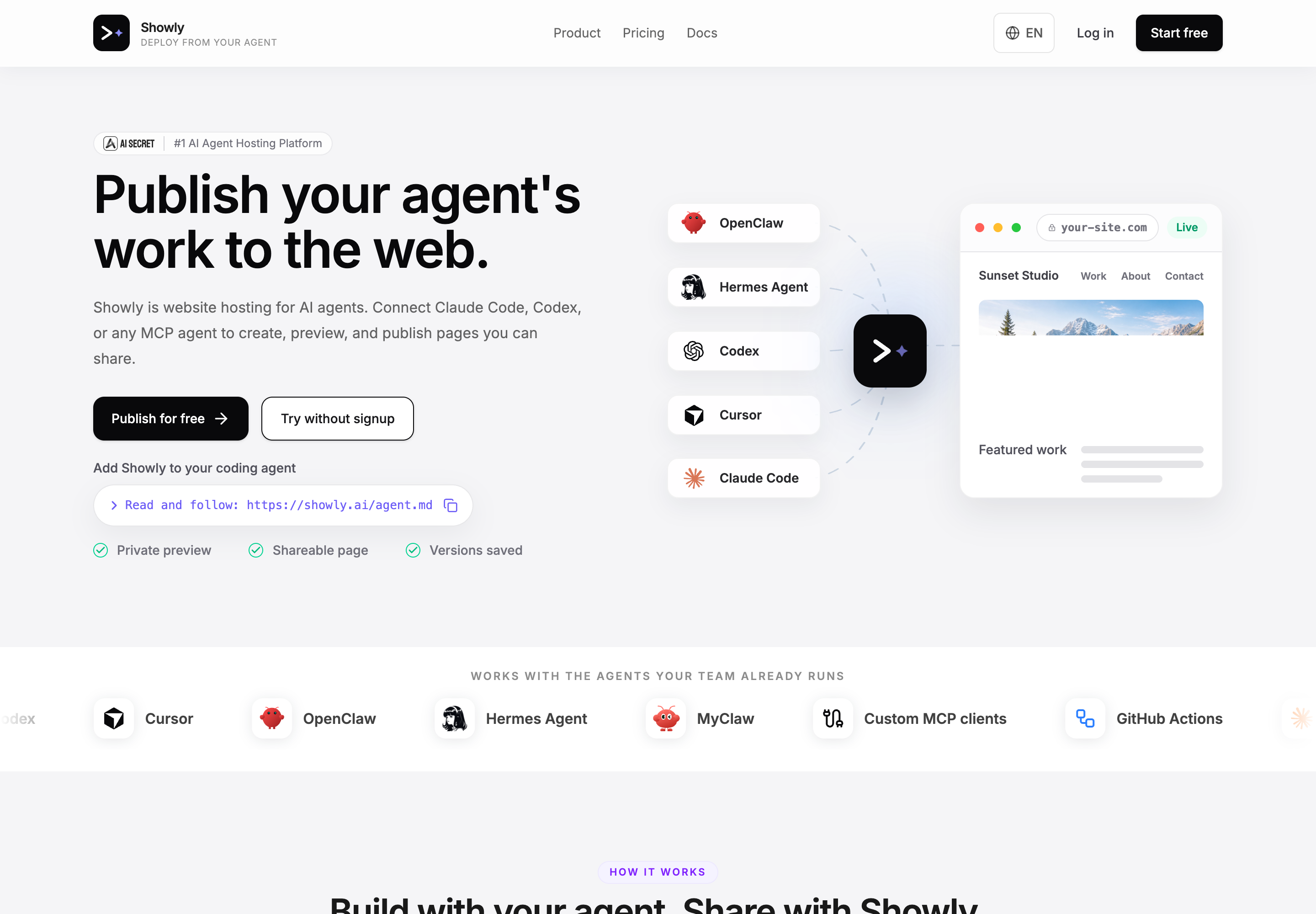 Showly homepage with logo, navigation, and hero
